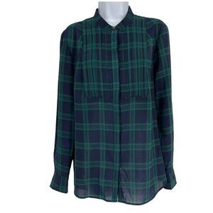 J. Crew Womans Green Blue Plaid Pleated Long Sleeve Button Top Size Medium